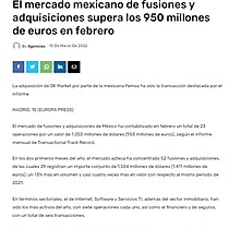 El mercado mexicano de fusiones y adquisiciones supera los 950 millones de euros en febrero